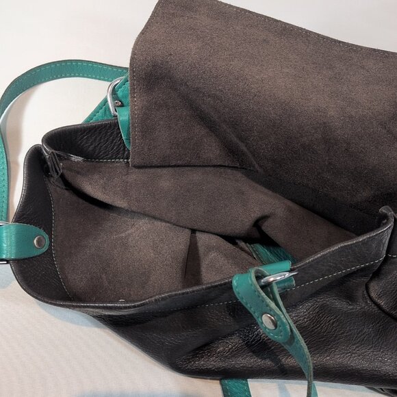 Rowland Leather Canada 2 Strap Shoulder Purse Brown Teal Blue Magnetic Bag - Picture 8 of 16